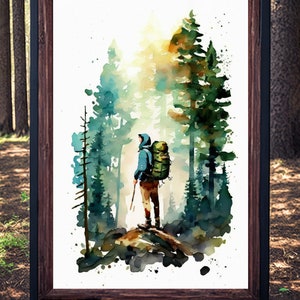 Hiking Mountain Forest Wall Art Watercolor Nature Inspired Backpacking ...