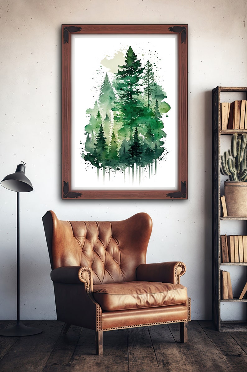 Watercolor Forest Landscape Sage Green Wall Art Painting Pine Tree ...