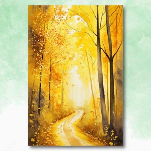 Impresión de acuarela de camino forestal de otoño dorado, póster de paisaje con follaje otoñal, arte en lienzo inspirado en la naturaleza, arte de pared con escena de bosque, decoración del hogar