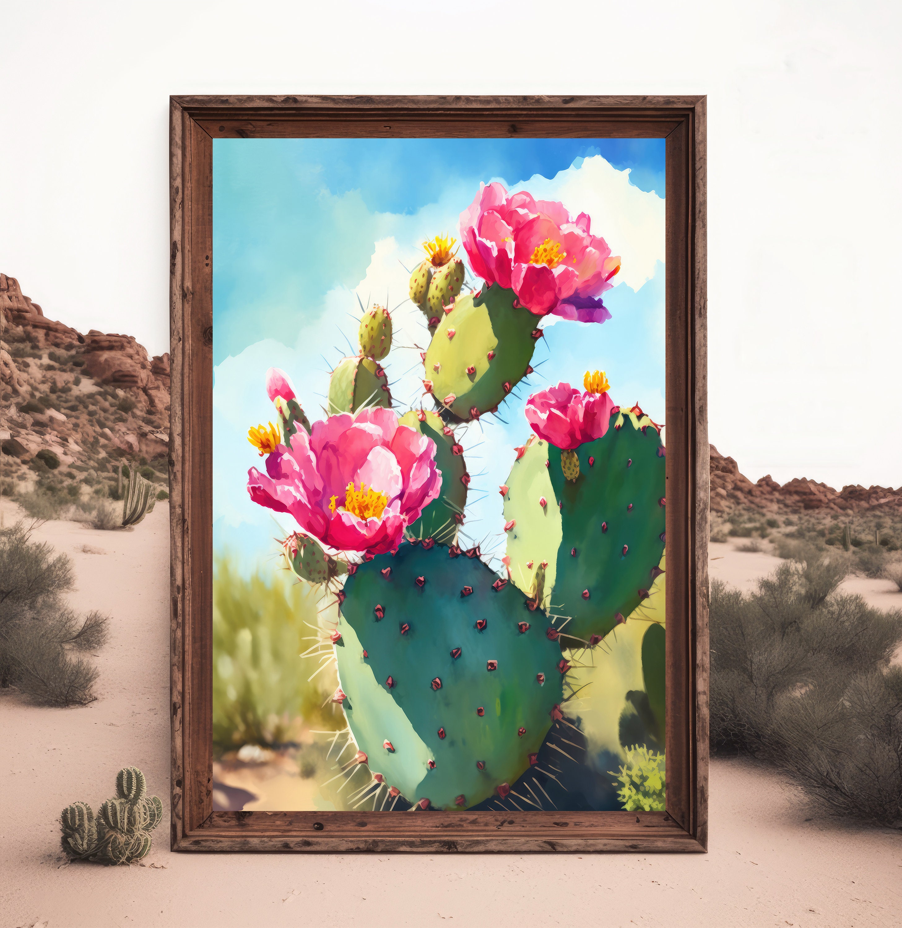 Flower Prickly Pear Cactus Print Watercolor Painting Botanical Desert ...