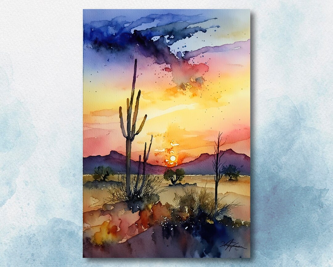 Desert Sunset Print Colorful Watercolor Wall Art Southwest Landscape ...