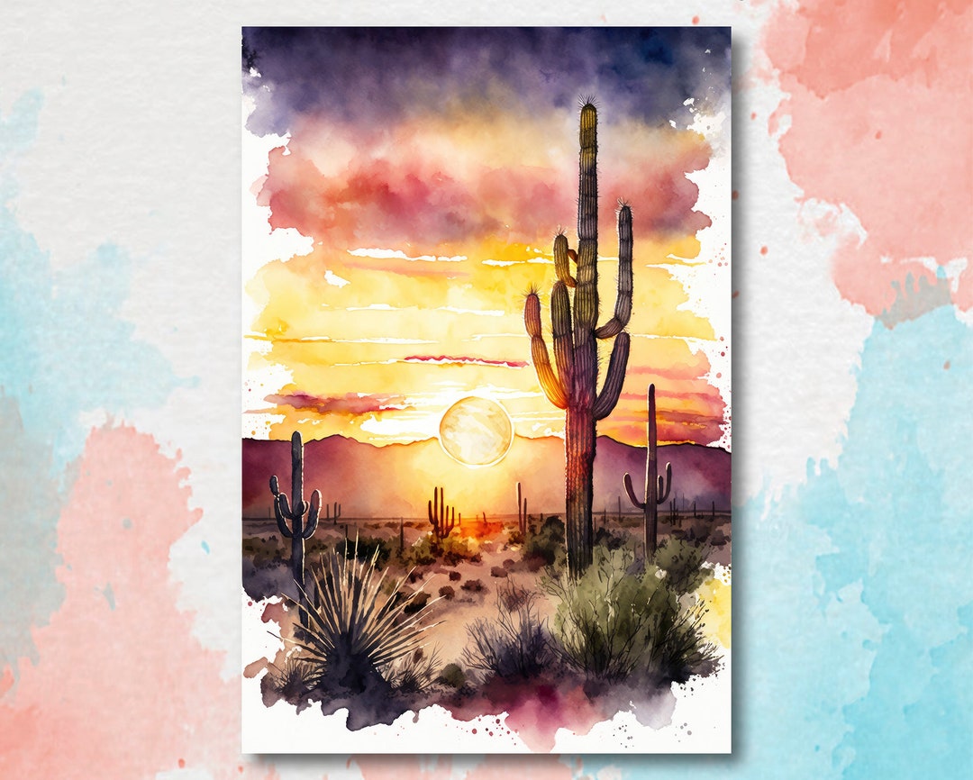 Desert Sunset Print Colorful Watercolor Wall Art Southwest Landscape ...