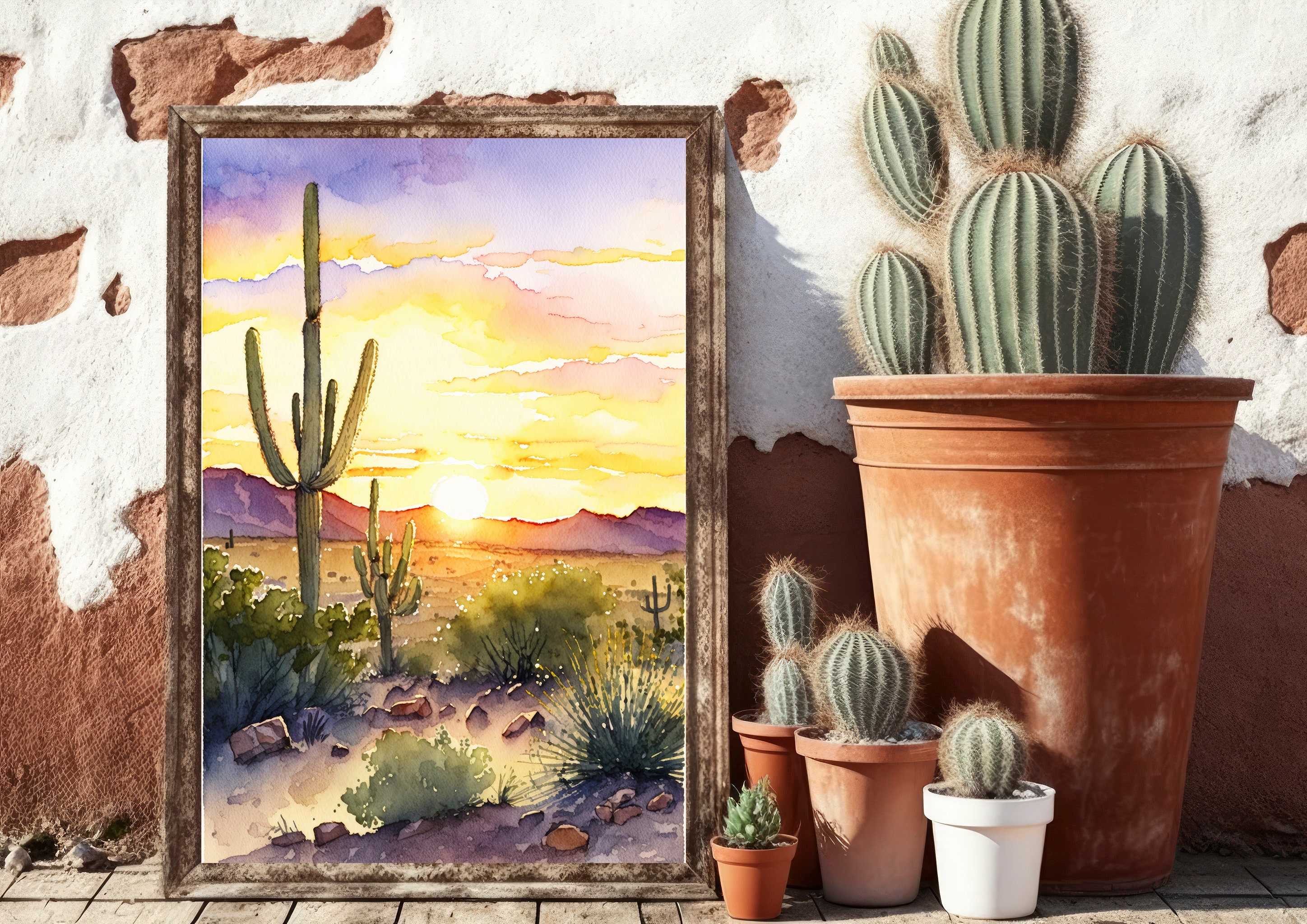 Desert Sunset Print Colorful Watercolor Wall Art Southwest Landscape ...