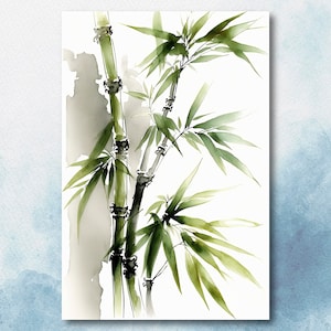 Minimalist Japanese Bamboo Plant Wall Art Asian Print Nature Inspired Zen Botanical Watercolor Painting Gift Floral Decor