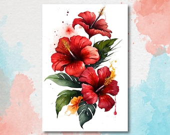 Hawaiian Hibiscus Flower Bouquet Print Watercolor Botanical Wall Art Flower Painting Gift Floral Tropical Home Decor