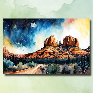 Acuarela Sedona Vía Láctea Sonoran Art Print Arizona Desert Wall Art Paisaje Regalo Starry Night Sky Southwestern Decor