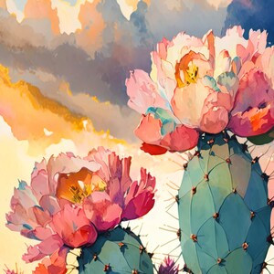 Flower Prickly Pear Cactus Sunset Art Print Watercolor Botanical Desert ...
