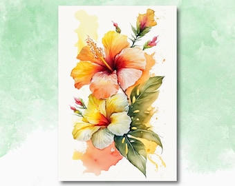 Hawaiian Hibiscus Flower Bouquet Print Watercolor Botanical Wall Art Flower Painting Gift Floral Tropical Home Decor