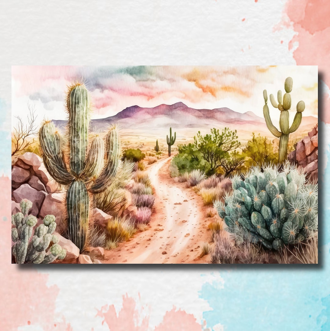 Desert Sunset Print Colorful Watercolor Wall Art Southwest Landscape ...
