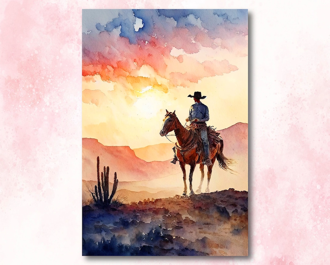 Cowboy Sunset Art Print Americana Watercolor Painting Rodeo Poster or
