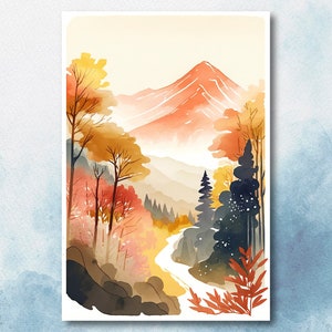 Otoño bosque montaña pared arte cabaña decoración paisaje acuarela pintura otoño impresiones al aire libre regalos Woodland Nursery Cottagecore Decor