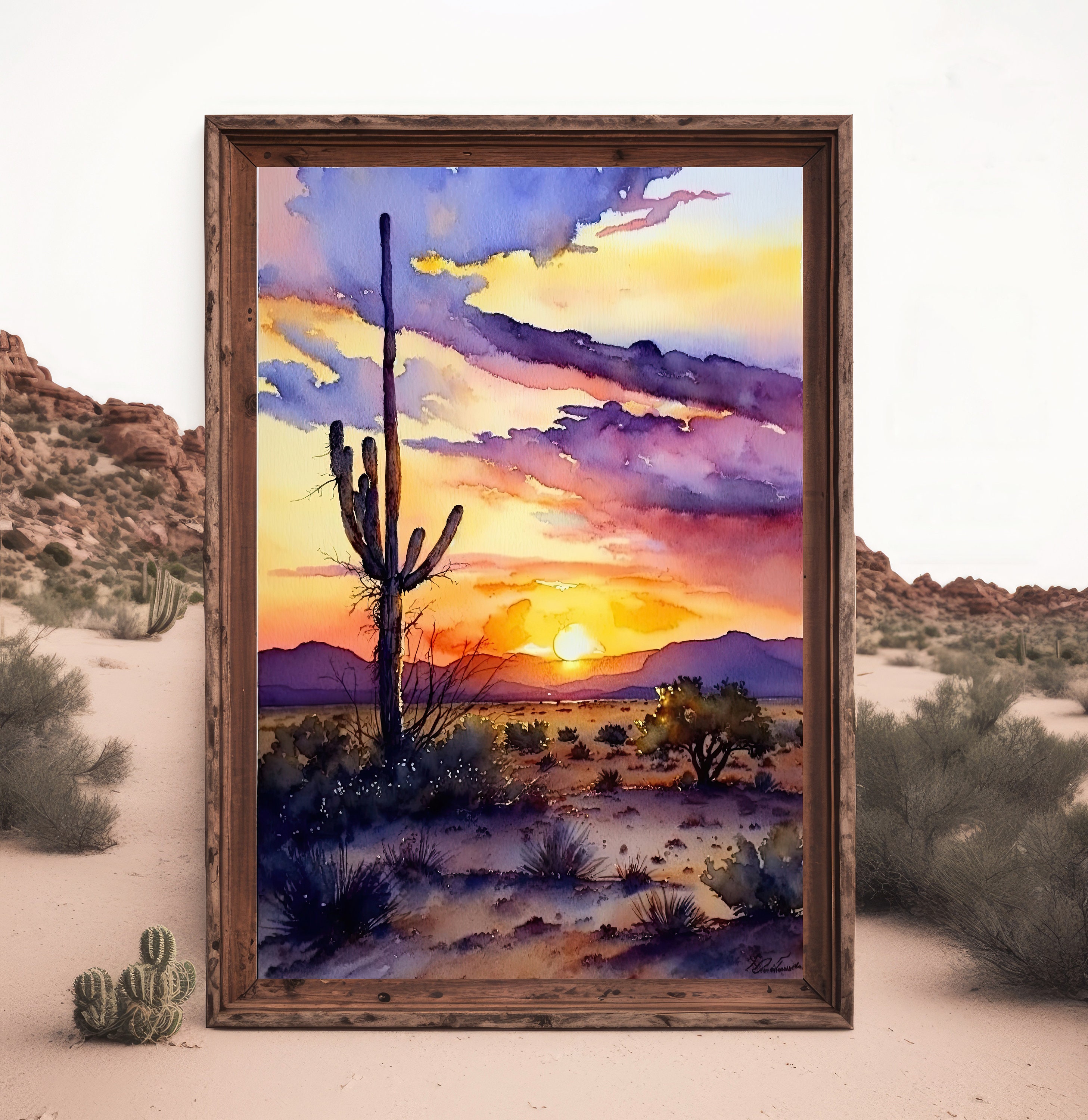 Desert Sunset Print Colorful Watercolor Wall Art Southwest Landscape ...