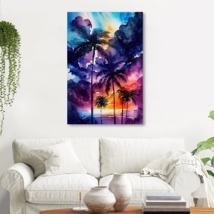 May include: A watercolour painting depicting a tropical sunset with palm trees. The artwork showcases a vibrant sky with hues of blue, purple, and orange. Silhouetted palm trees are in the foreground, creating a serene and colourful landscape.