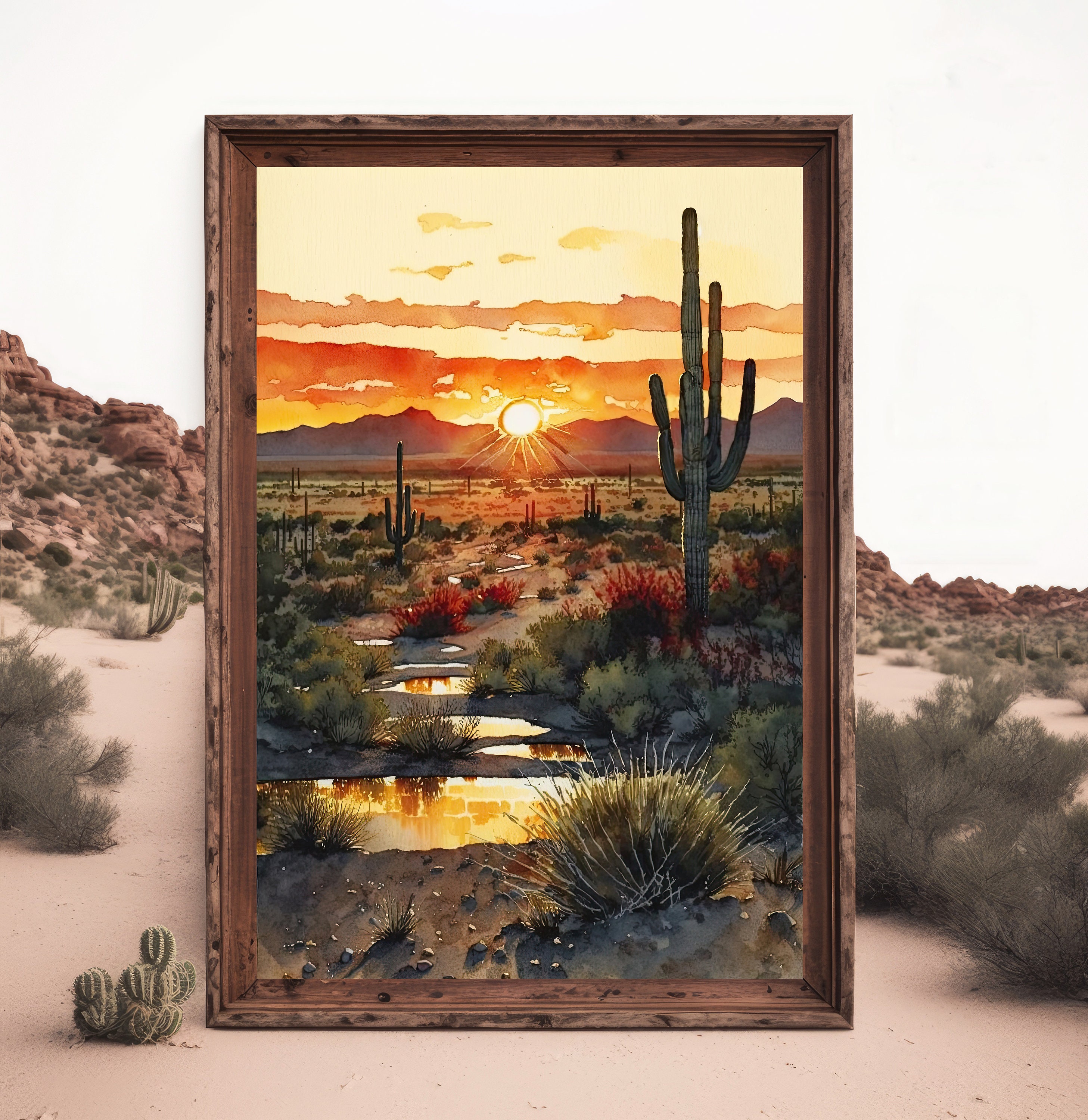 Desert Sunset Print Colorful Watercolor Wall Art Southwest Landscape ...