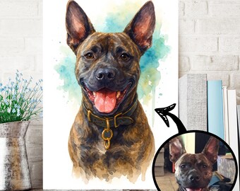 May include: Watercolor portrait of a brindle dog with a happy expression, wearing a black collar with a gold-colored charm. The background features blue and green watercolor splashes. A smaller, circular image of the dog is in the lower right corner.