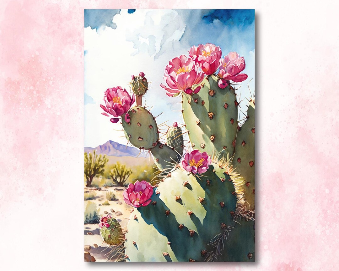 Flower Prickly Pear Cactus Sunset Art Print Watercolor Botanical Desert ...