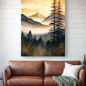 Mountain Forest Sunset Watercolor Print, Misty Landscape Wall Art ...