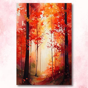 Impresión de acuarela de bosque otoñal rojo, póster de paisaje con follaje otoñal, arte en lienzo inspirado en la naturaleza, arte de pared con escena de bosque, decoración del hogar