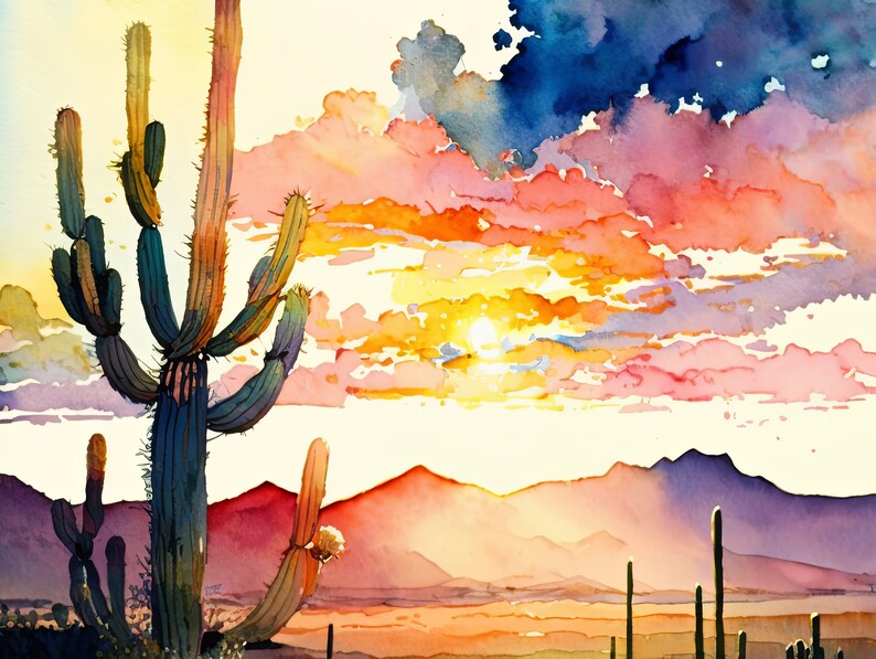 Desert Cactus Sunset Print Colorful Watercolor Wall Art Southwest ...