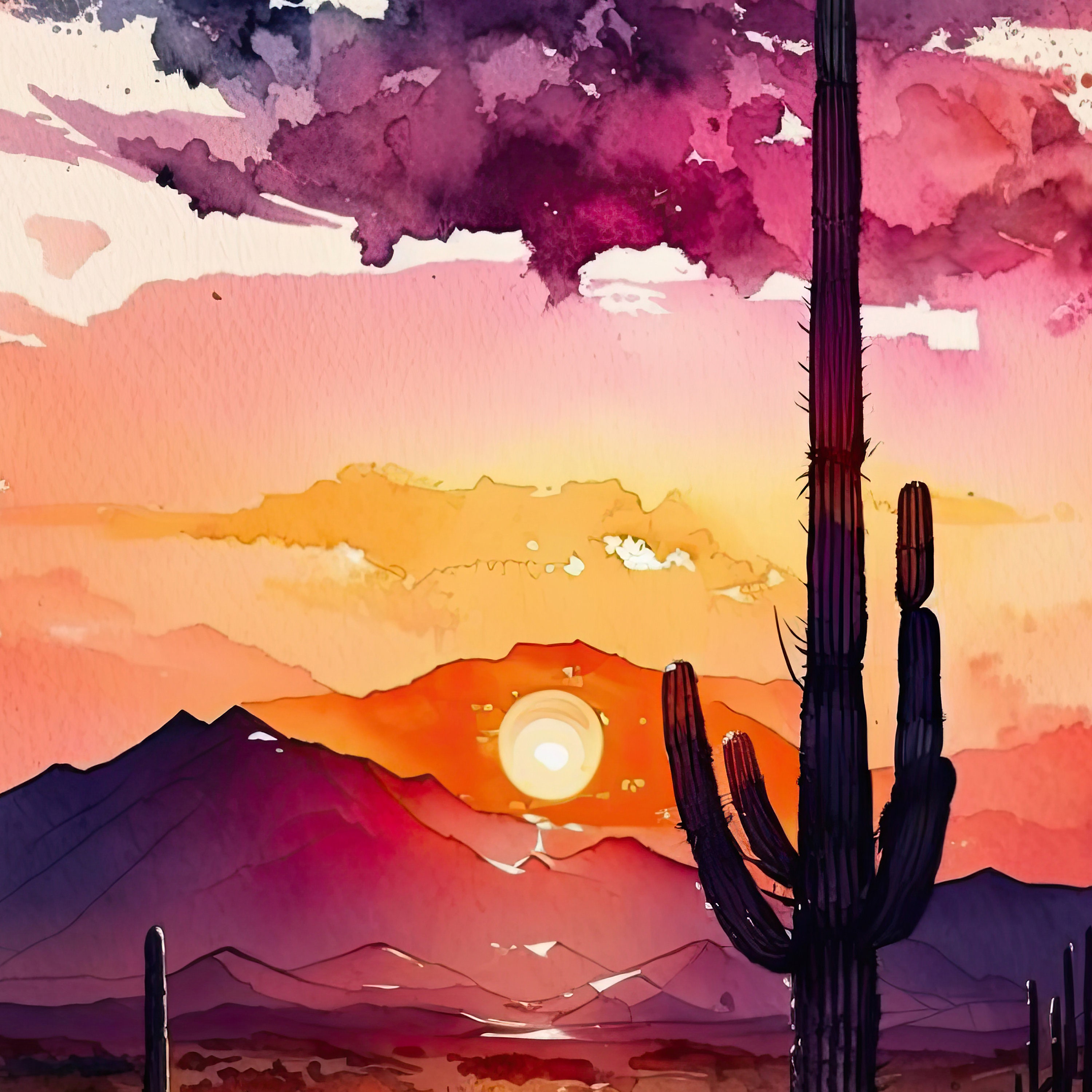 Desert Sunset Print Colorful Watercolor Wall Art Southwest Landscape ...