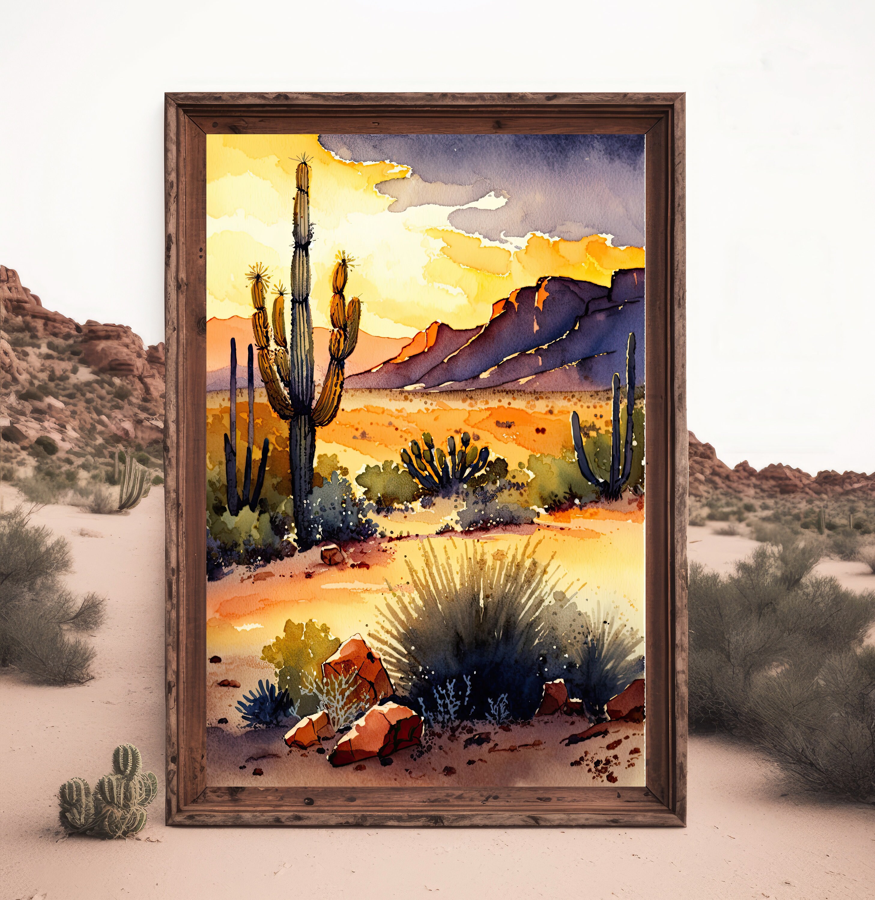 Desert Sunset Print Colorful Watercolor Wall Art Southwest Landscape ...
