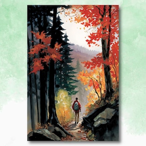 Impresión de acuarela de senderismo en el bosque otoñal, arte de pared inspirado en la naturaleza para excursionistas, póster de follaje otoñal, arte en lienzo de sendero de montaña, decoración del hogar con bosques
