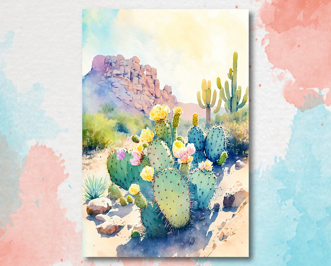 Flower Prickly Pear Cactus Sunset Art Print Watercolor Botanical Desert ...