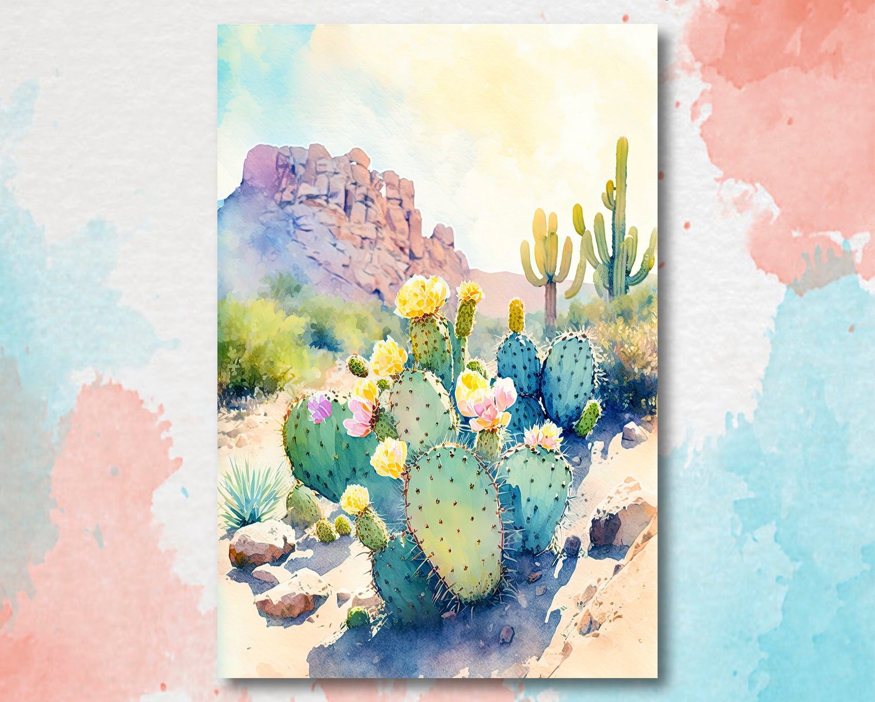 Flower Prickly Pear Cactus Sunset Art Print Watercolor Botanical Desert ...