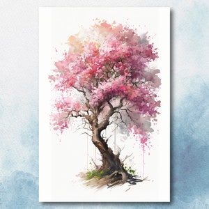 Japanese Pink Sakura Cherry Blossom Bonsai Tree Wall Art Asian Print Nature Inspired Zen Botanical Watercolor Painting Gift Floral Decor
