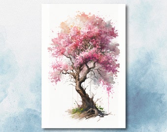 Japanese Pink Sakura Cherry Blossom Bonsai Tree Wall Art Asian Print Nature Inspired Zen Botanical Watercolor Painting Gift Floral Decor