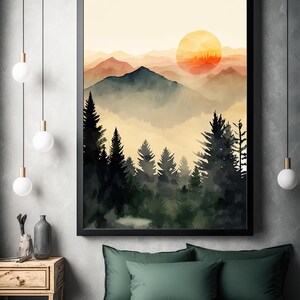 Mountain Forest Sunset Watercolor Print, Misty Landscape Wall Art ...