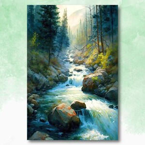 Forest Stream Sage Green Wall Art Watercolor Print Landscape Painting Nature Inspired Gift Woodland Cottagecore Decor