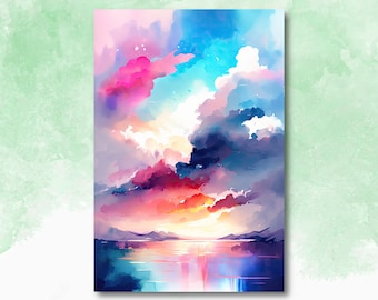 Nature Inspired Abstract Sunset Wall Art Print Minimalist Painting Landscape Scenery Watercolor Gift Sunset Horizon Home Decor