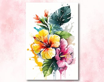 Hawaiian Hibiscus Flower Bouquet Print Watercolor Botanical Wall Art Flower Painting Gift Floral Tropical Home Decor