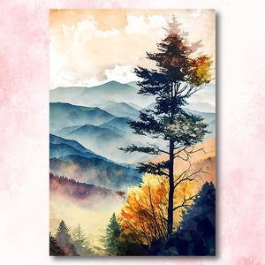 Otoño bosque montaña pared arte cabina decoración paisaje pintura otoño arte impresiones al aire libre regalos bosque vivero Cottagecore Decoración