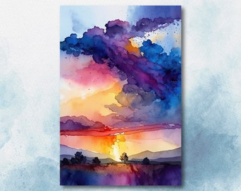 Nature Inspired Abstract Sunset Wall Art Print Minimalist Painting Landscape Scenery Watercolor Gift Sunset Horizon Home Decor