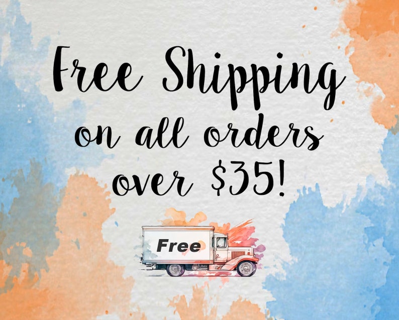 K&ouml;nnte beinhalten: Ein Aquarellhintergrund mit einem wei&szlig;en LKW, auf dem das Wort "Free" steht. Der Text "Free Shipping on all orders over $35!" ist in schwarzer Kursivschrift geschrieben.