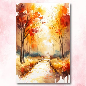Otoño atardecer bosque pared arte cabina decoración paisaje acuarela pintura otoño impresiones al aire libre regalos bosque vivero Cottagecore decoración