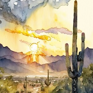 Desert Sunset Print Colorful Watercolor Wall Art Southwest Landscape ...