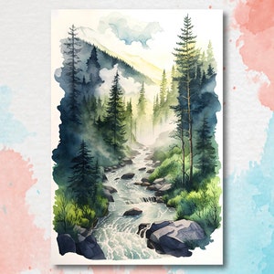 Forest Stream Sage Green Wall Art Watercolor Print Landscape Painting Nature Inspired Gift Woodland Cottagecore Decor