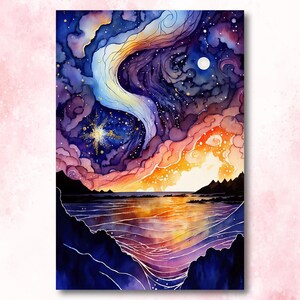 Impresión de acuarela de puesta de sol con olas del océano, póster de paisaje marino inspirado en el cielo nocturno estrellado, arte abstracto de la naturaleza del mar, arte de pared vibrante para decoración del hogar