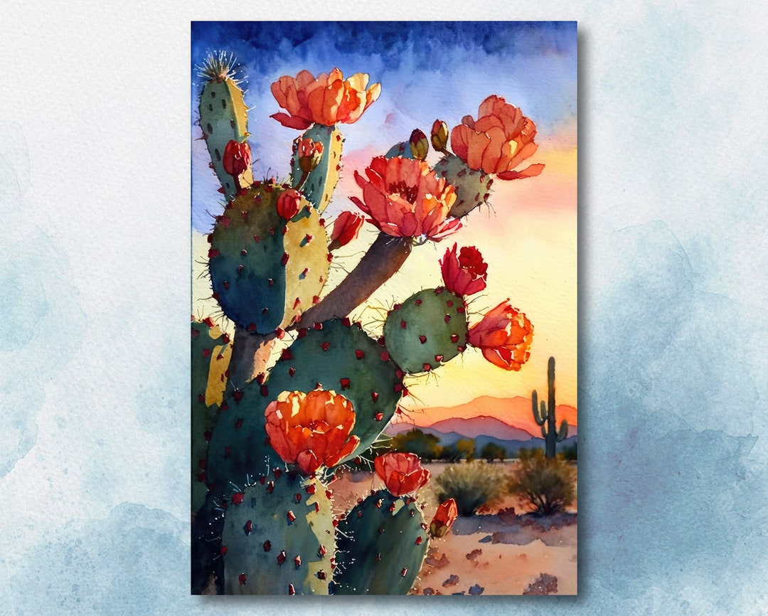 Flower Prickly Pear Cactus Sunset Art Print Watercolor Botanical Desert ...