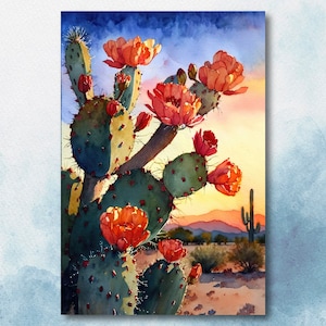 Flower Prickly Pear Cactus Sunset Art Print Watercolor Botanical Desert Wall Art Nature Inspired Sonoran Art Southwest Western Decor