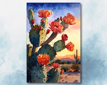 Puede incluir: Una pintura de acuarela de un cactus chumbera con flores de color rojo brillante que florecen contra un cielo de puesta de sol. El cactus es verde con una superficie texturizada y las flores son de un rojo vibrante con centros amarillos.