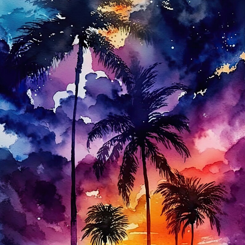 May include: A watercolour painting depicting palm trees in silhouette against a colourful sunset. The sky blends from deep blues and purples to fiery oranges and reds, creating a tropical scene.