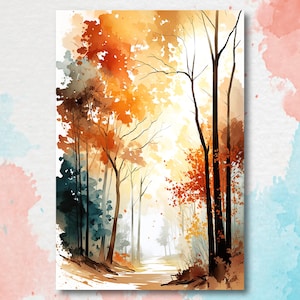 Arte de pared de bosque al atardecer de otoño, decoración de cabaña, pintura de acuarela de paisaje, impresiones de otoño, regalos para actividades al aire libre, decoración de cabaña de guardería de bosque
