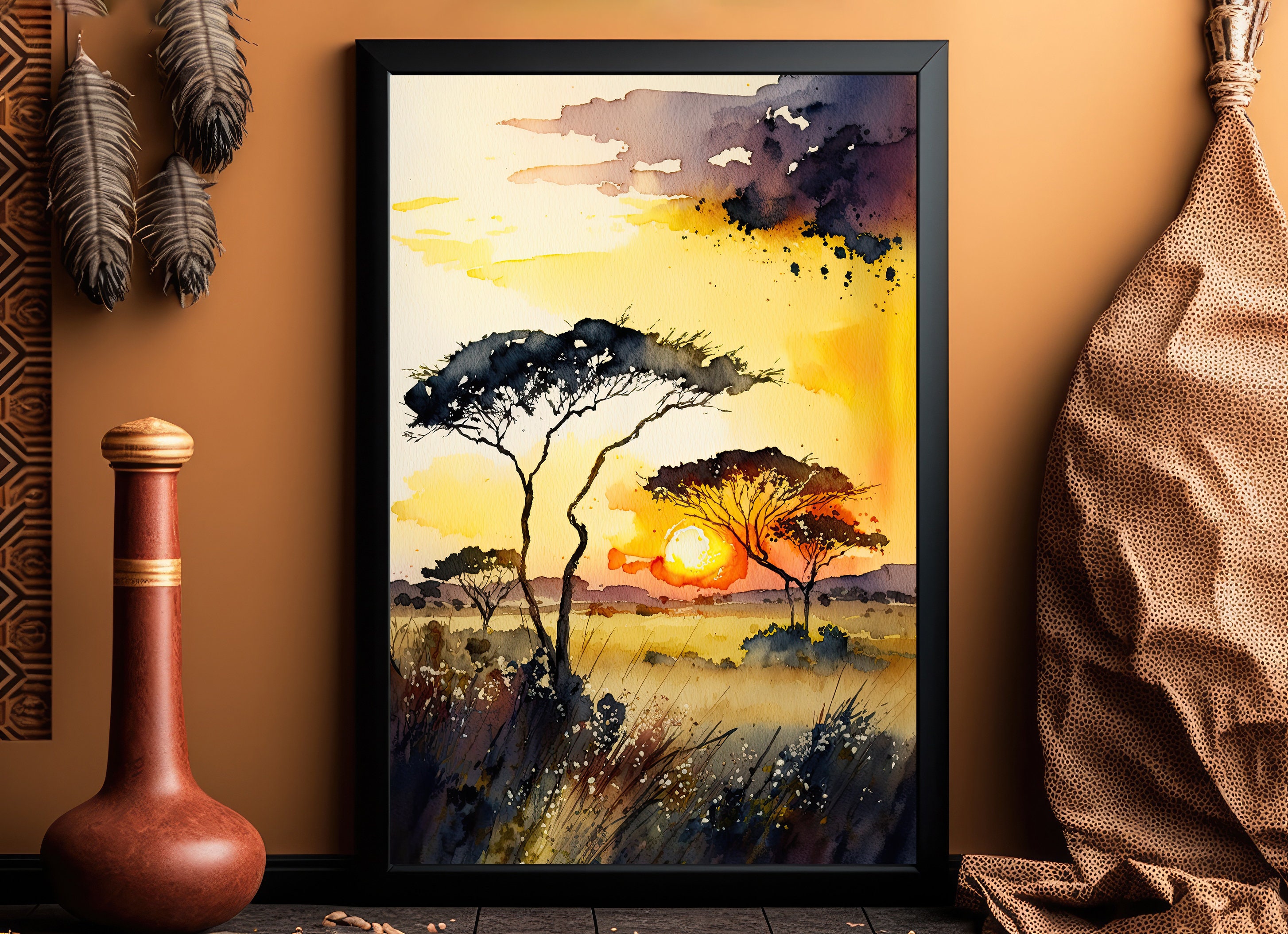 African Serengeti Sunset Wall Art Safari Print Africa Savanna ...