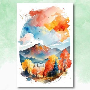 Arte mural de montaña con bosque otoñal, decoración de cabañas, pintura de paisajes, impresiones artísticas de otoño, regalos para actividades al aire libre, decoración de viveros con bosque, decoración cottagecore