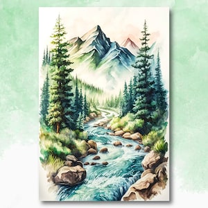 Forest Mountain Stream Sage Green Wall Art Watercolor Print Landscape Painting Nature Inspired Gift Woodland Cottagecore Decor