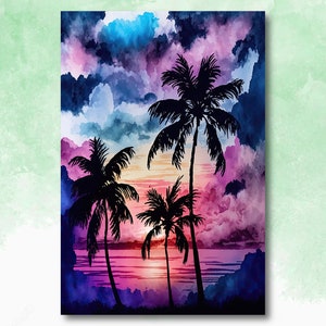 Palm Tree Sunset Art Print Watercolor Coastal Wall Art Nature Inspired Gift Tropical Beach House Home Decor